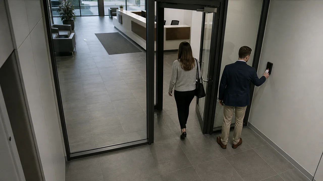 Simulated office camera view with two people passing through a controlled door
